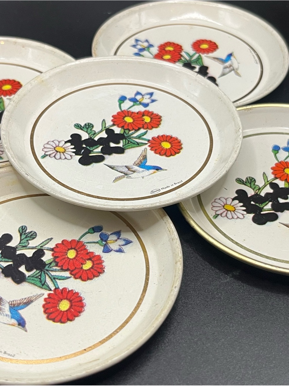 Vintage Brazil White Floral & Bird Metal Coaster Set